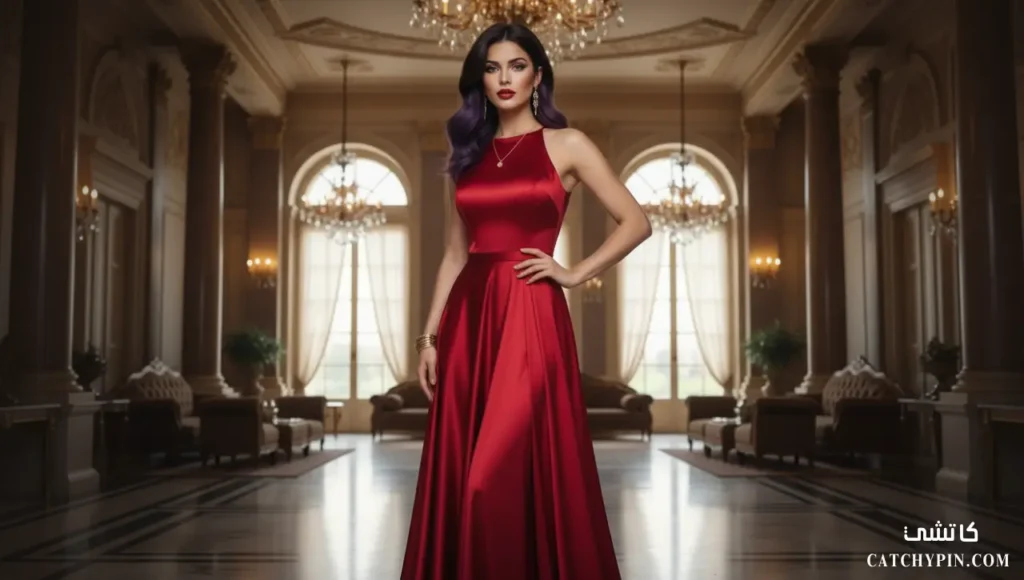 فستان سهرة أحمر فخم امرأة ترتدي فستان سهرة أحمر كامل وأنيق
