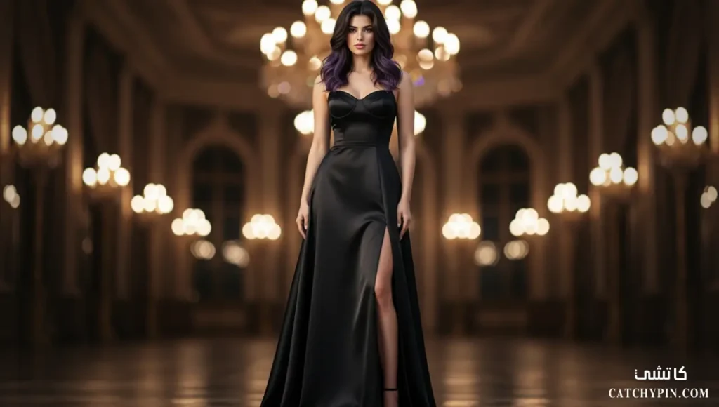 فستان سهرة أسود كامل يمنحك فخامة وأناقة لا مثيل لها امرأة ترتدي فستان سهرة أسود كامل داخل قاعة فاخرة