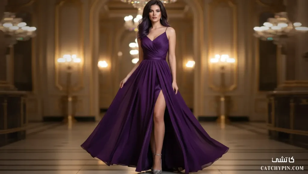 فستان سهرة طويل فاخر يمنحك أناقة ملكية مبهرة وجذابة امرأة ترتدي فستان سهرة طويل فاخر داخل قاعة فخمة
