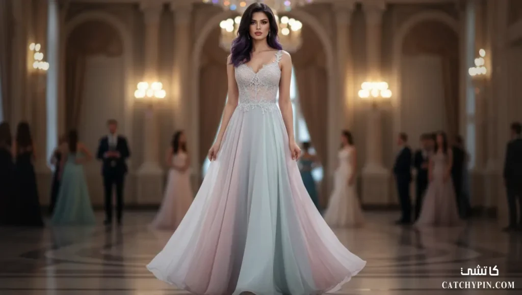 فستان سهرة ناعم كامل يمنحك أنوثة فاخرة بإطلالة ساحرة امرأة ترتدي فستان سهرة ناعم كامل داخل قاعة فاخرة