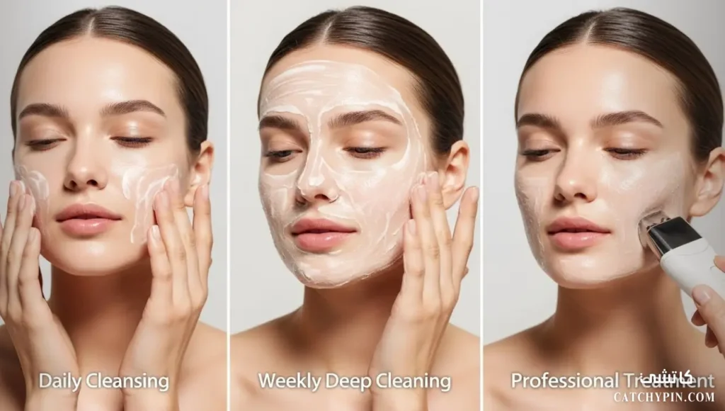 امرأة تقوم بأنواع تنظيف البشرة اليومية والعميقة