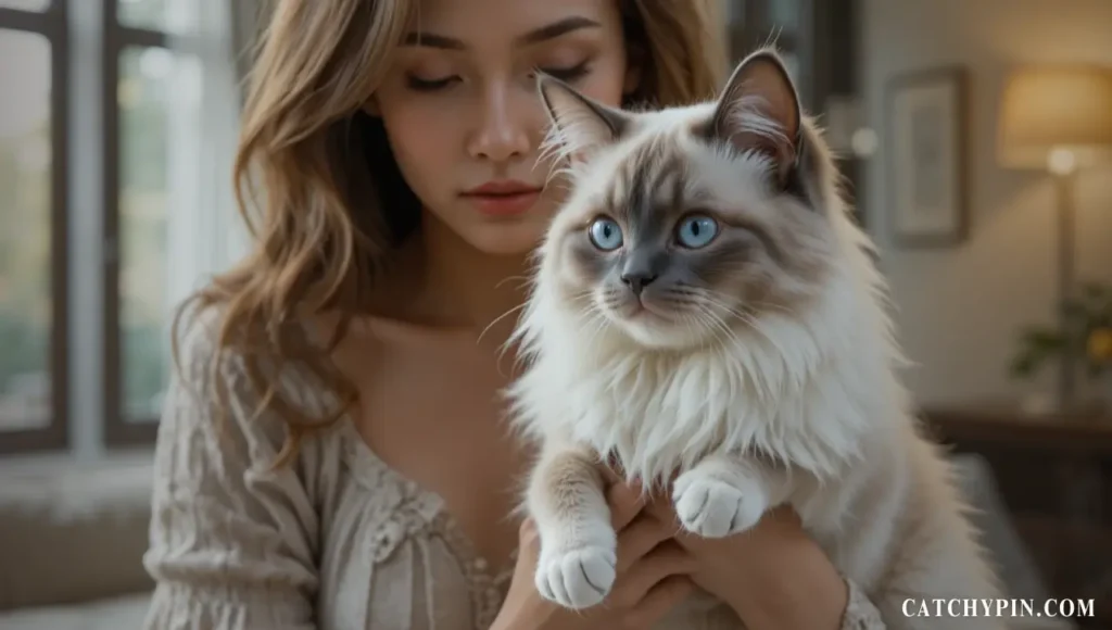 قط بيرمان كامل الجسد بعيون زرقاء وقفازات بيضاء