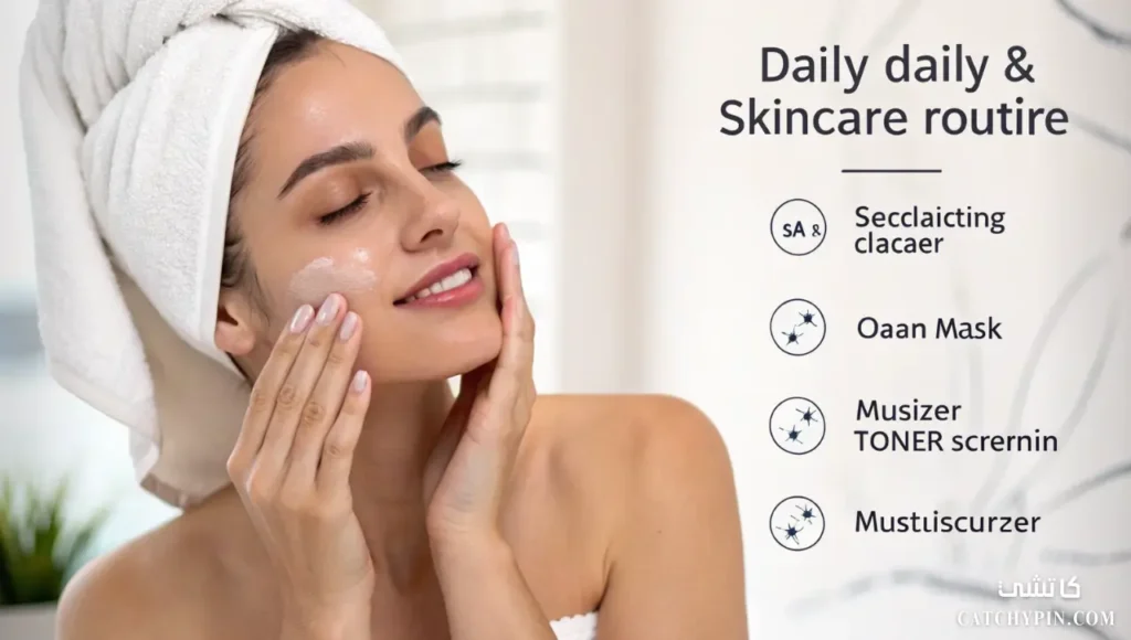 امرأة تتبع روتين تنظيف البشرة اليومي والأسبوعي