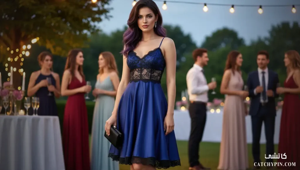 فستان سهرة قصير يظهر المرأة بالكامل بإطلالة شبابية امرأة بفستان سهرة قصير عصري وأنيق