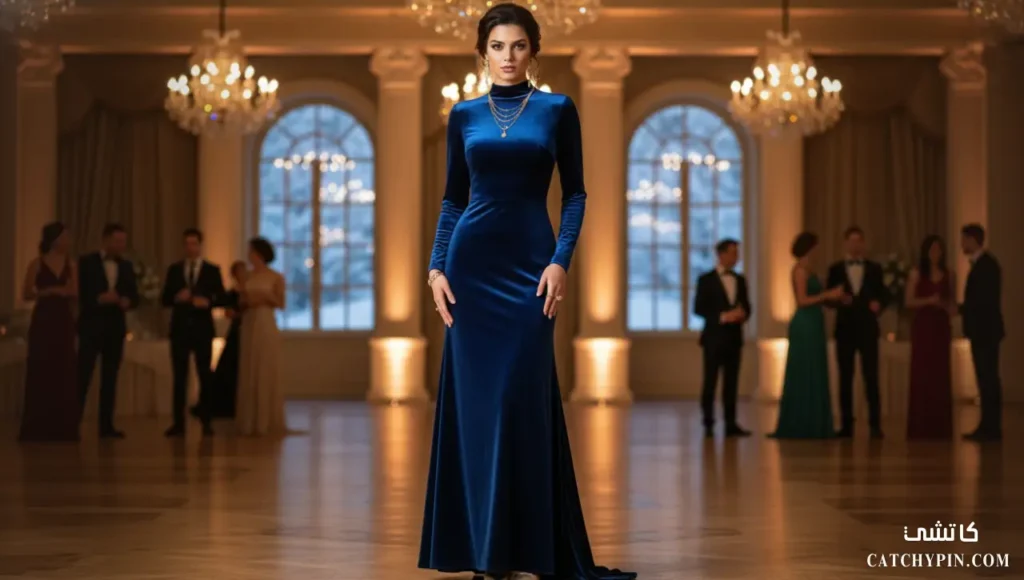 فستان سهرة مخمل كامل يمنح المرأة فخامة وأناقة شتوية موديلات فساتين سهرة مخمل