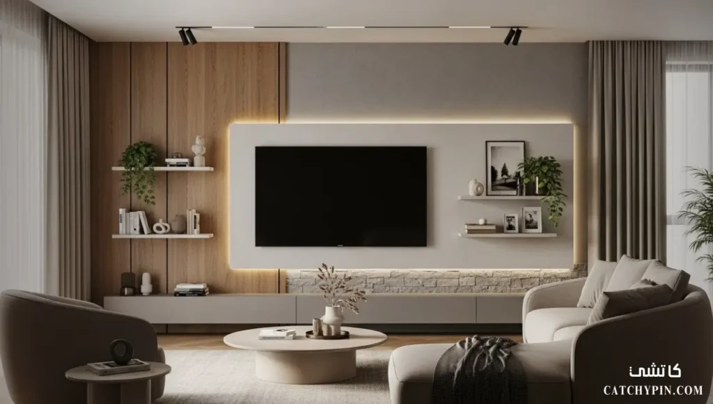 شاشة تلفزيون معلقة مع رفوف ونباتات وإضاءة LED