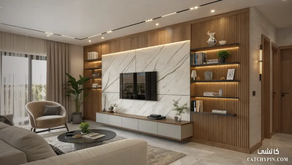 شاشة تلفزيون معلقة مع رفوف خشبية وإضاءة LED ذكية