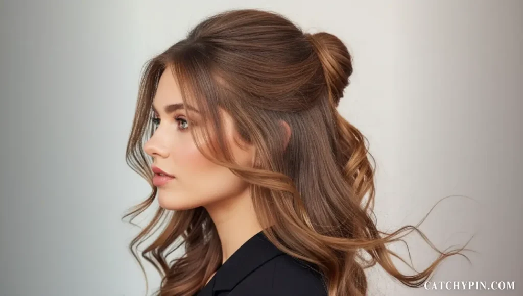 تسريحة شعر نصف مرفوع مع شعر منسدل ناعم