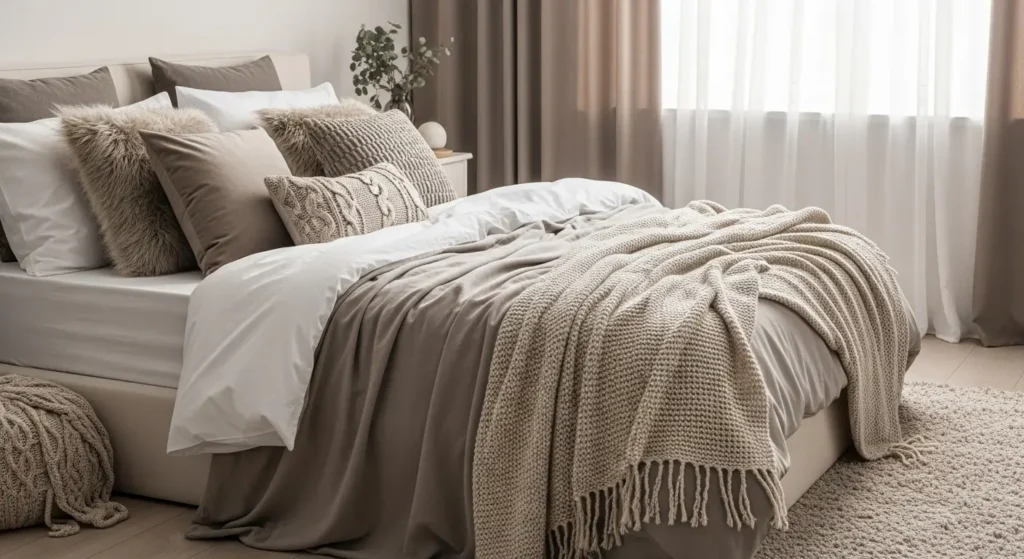 غرفة نوم فاخرة بأغطية ووسائد ناعمة ودافئة