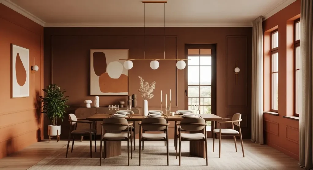 غرفة طعام بألوان دافئة برتقالي محترق وبني شوكولاتي