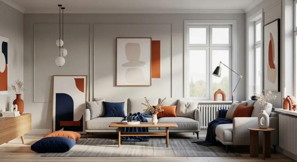 غرفة معيشة بألوان محايدة ولمسات ألوان جريئة