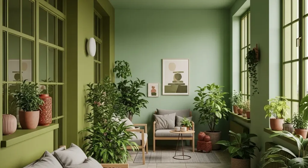 الوان دهانات الحوائط بالصور بلكونة وحديقة داخلية بألوان أخضر زيتوني ونعناعي