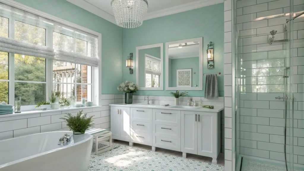 حمام بألوان هادئة أخضر فاتح وأزرق نعناعي