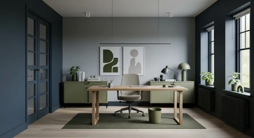 مكتب بألوان الأزرق الداكن والرمادي مع لمسات زيتونية