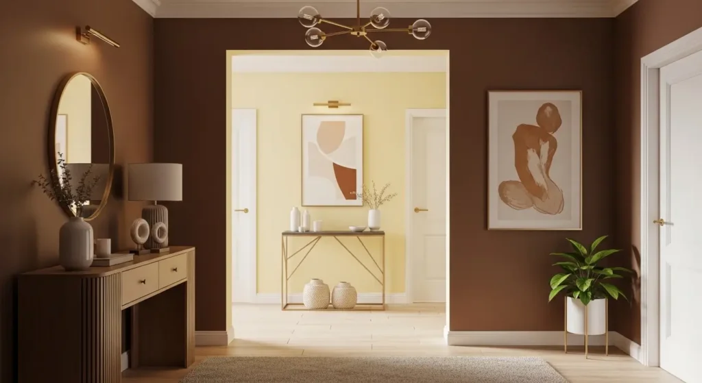 مدخل المنزل بألوان دافئة بني شوكولاتي وأصفر