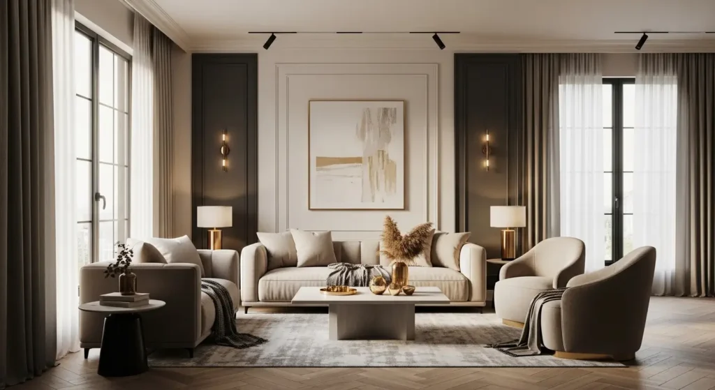 غرفة معيشة حديثة بألوان محايدة دافئة