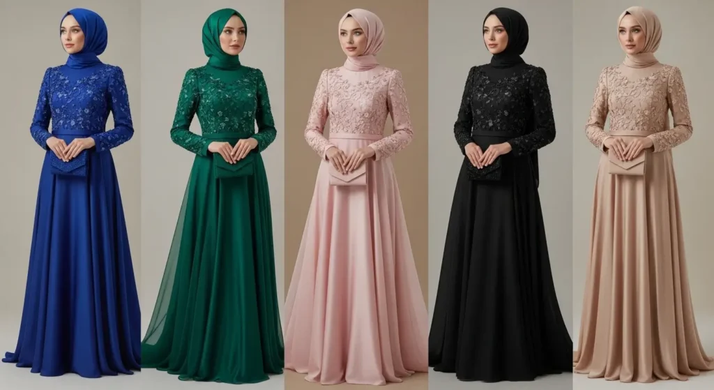 أفضل الألوان العصرية لفساتين سواريه محجبات فساتين سواريه محجبات بألوان عصرية راقية