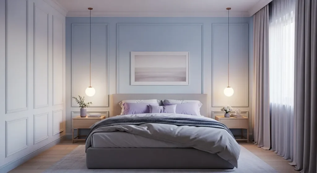 الوان دهانات الحوائط بالصور غرفة نوم بألوان هادئة أزرق فاتح وأبيض كريمي