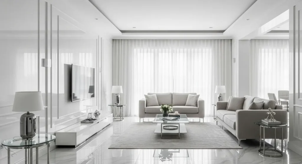 غرفة بجدران أبيض كريستالي وإضاءة طبيعية مشرقة