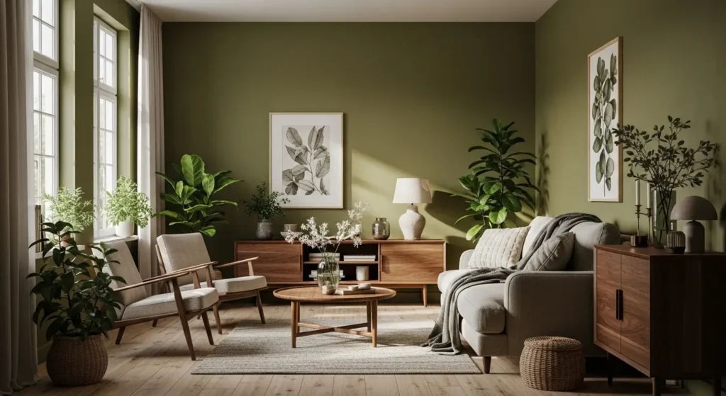الوان دهانات الحوائط بالصور غرفة بجدران أخضر زيتوني وأثاث خشبي ونباتات