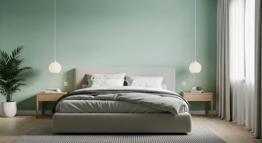 الوان دهانات الحوائط بالصور غرفة نوم بجدران أخضر نعناعي وأجواء هادئة