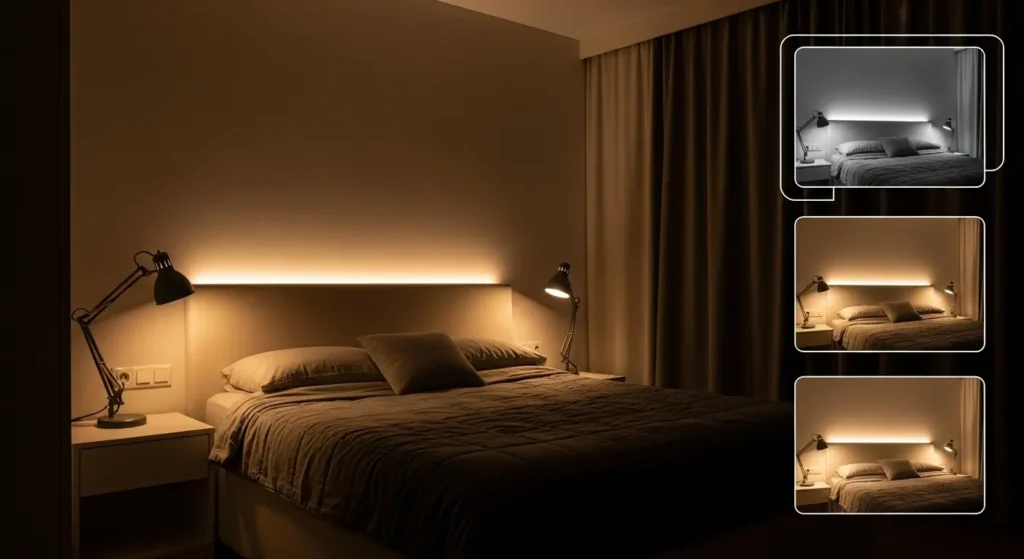 غرفة نوم بإضاءة متعددة وذكية دافئة وجذابة