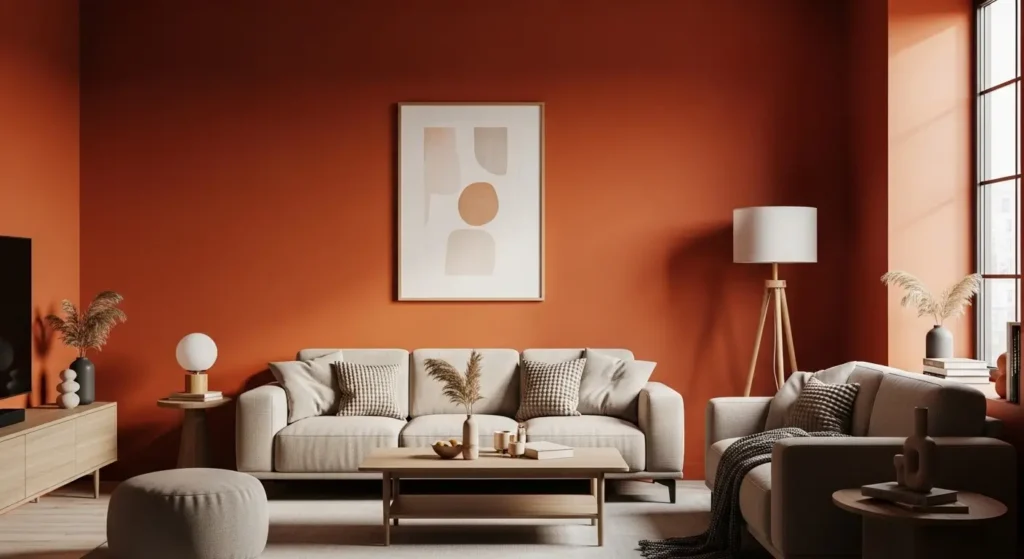 غرفة معيشة بجدران برتقالي محترق وأثاث محايد