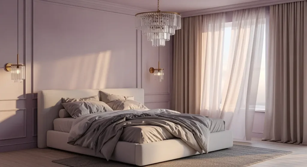 غرفة نوم ببنفسجي باهت وأجواء رومانسية هادئة