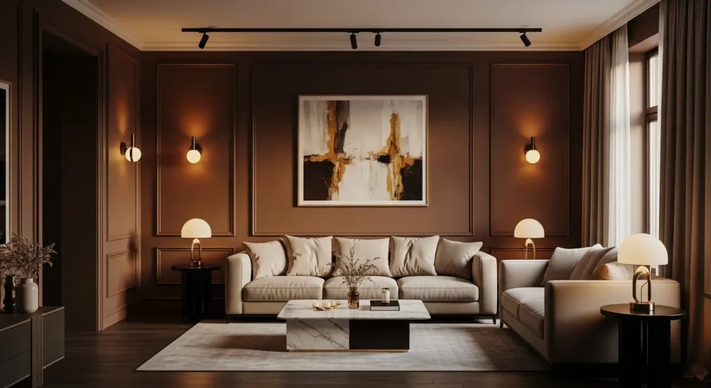 الوان دهانات الحوائط بالصور غرفة بجدران بني شوكولاتي وأثاث فاتح أنيق