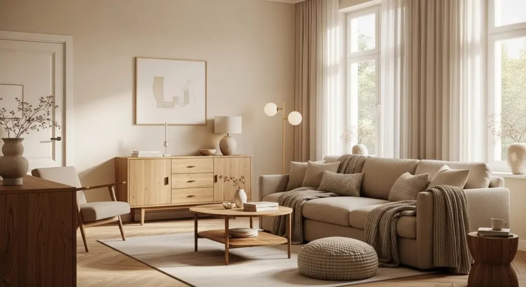 غرفة بطلاء بيج كريمي وأثاث خشبي دافئ