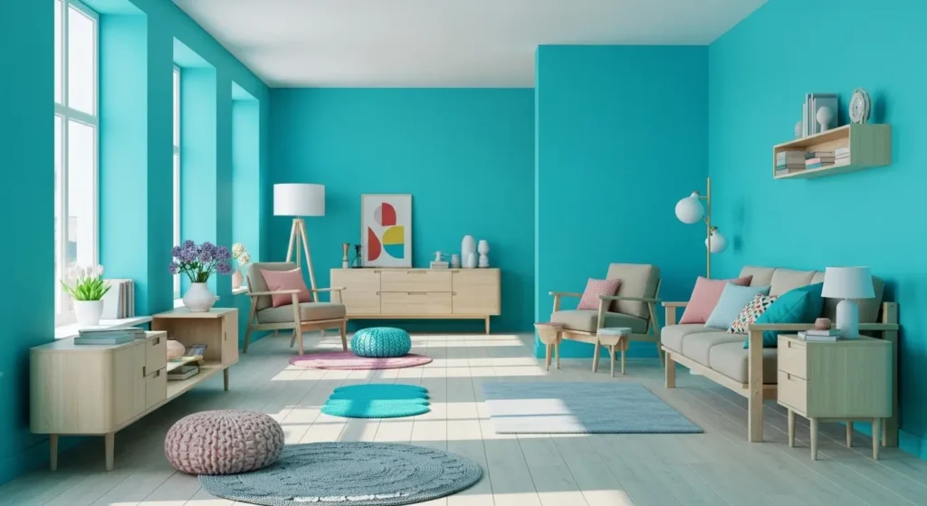 الوان دهانات الحوائط بالصور غرفة بجدران تركواز زاهي وأثاث خشبي فاتح