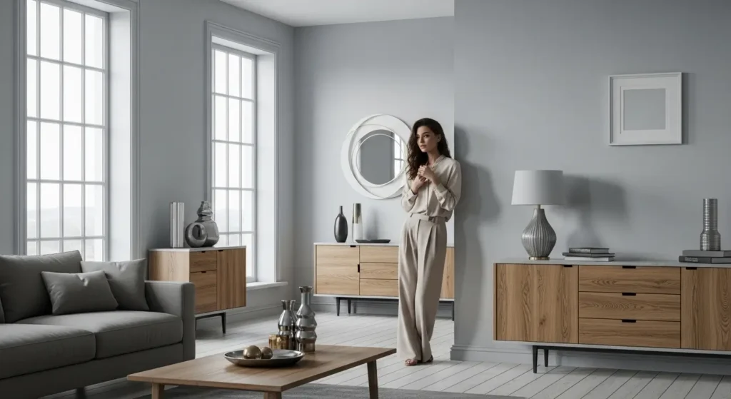 ديكور رمادي فاتح مع امرأة أنيقة بإضاءة طبيعية