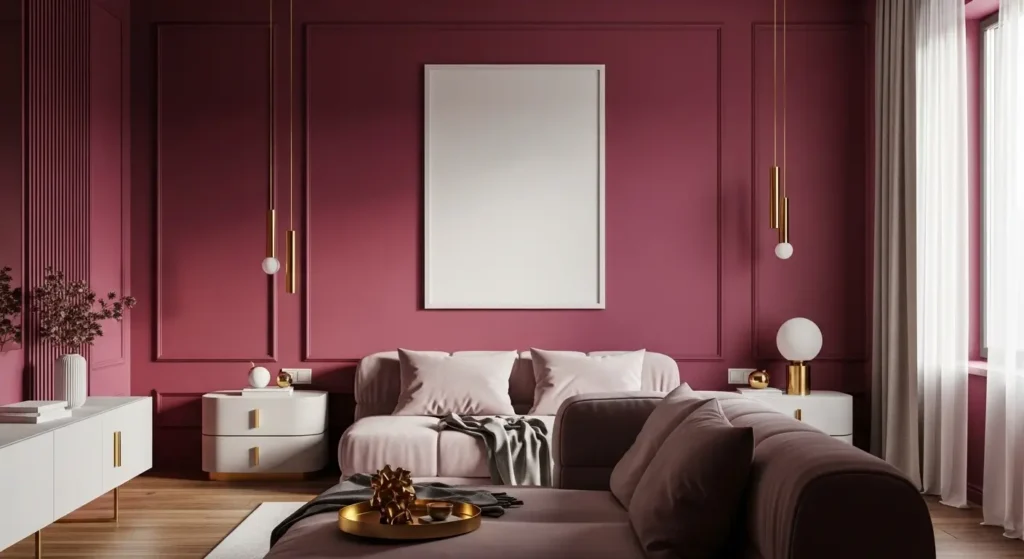 غرفة بجدران زهري غامق وأثاث أبيض وذهبي أنيق