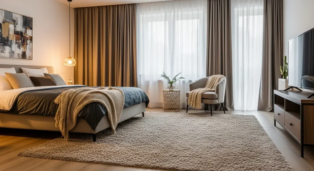غرفة نوم دافئة بسجاد ناعم وستائر طويلة