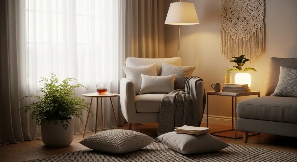 ركن هادئ في المنزل للاسترخاء مع نباتات وأضواء ناعمة