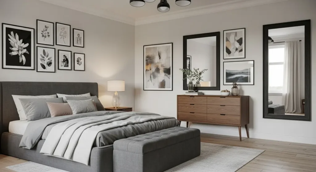 غرفة نوم مع لوحات فنية ومرايا تضيف أناقة