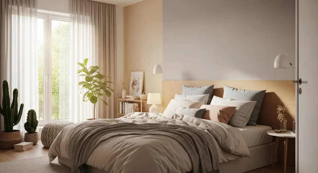 غرفة نوم هادئة بألوان باستيل ونباتات طبيعية