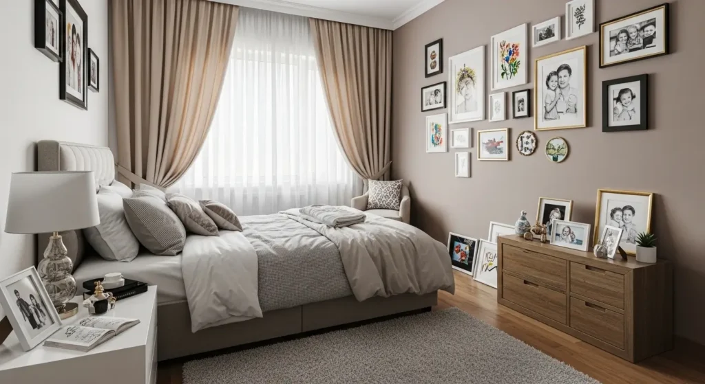 غرفة نوم دافئة بزخارف شخصية وذكريات فريدة
