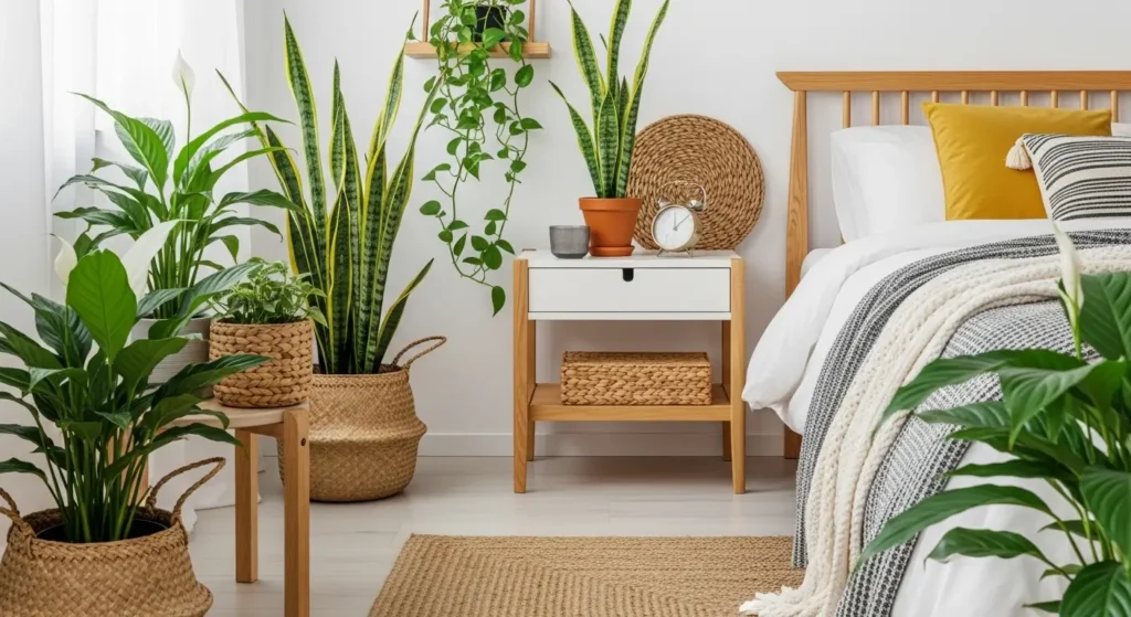 ديكور غرف النوم مع نباتات داخلية وأثاث خشبي دافئ