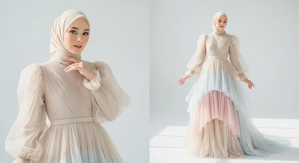 فساتين التلينج مع الحجاب الشفاف لمناسبات راقية فستان تلينج للمحجبات بحجاب شفاف وألوان ناعمة