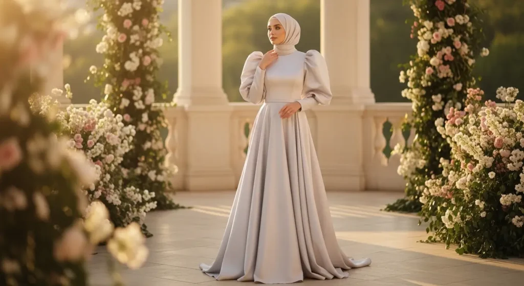 فساتين بأكمام منفوشة للمحجبات بأناقة فاخرة فستان بأكمام منفوشة للمحجبات بإطلالة رومانسية