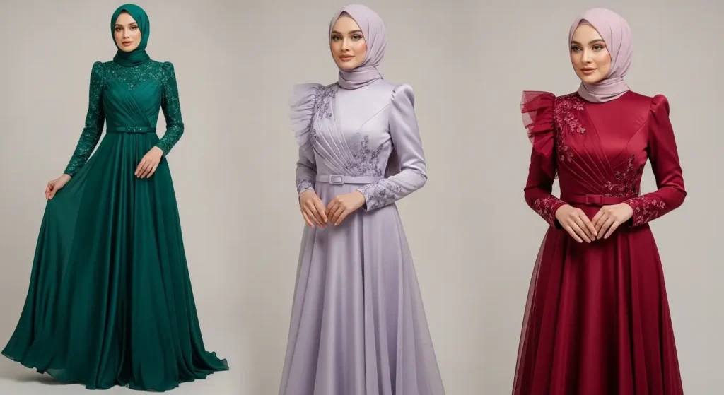 أفضل فساتين سواريه محجبات لإطلالة خطوبة راقية فستان سواريه أنثوي للمحجبات لحفل خطوبة