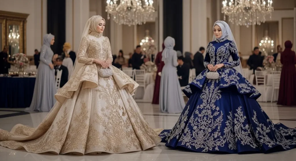 فستان سواريه فاخر للمحجبات لحفل زفاف فساتين سواريه محجبات لإطلالة زفاف راقية