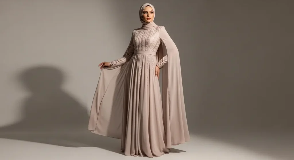 فستان إمباير للمحجبات يناسب الجسم التفاحي أفضل فساتين سواريه محجبات للجسم التفاحي