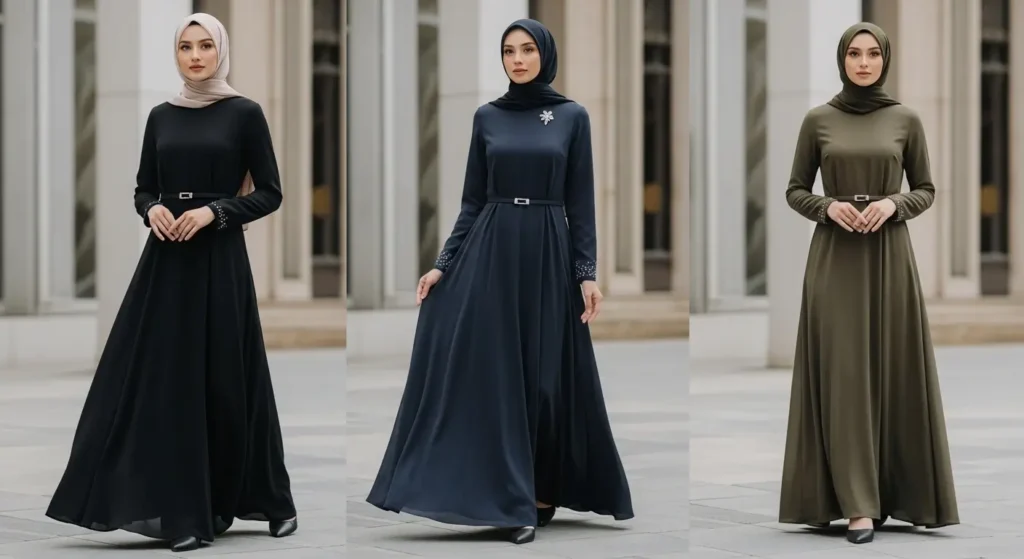 فستان سواريه رسمي للمحجبات بألوان داكنة أنيقة أفضل فساتين سواريه محجبات للمناسبات الرسمية وحفلات العمل
