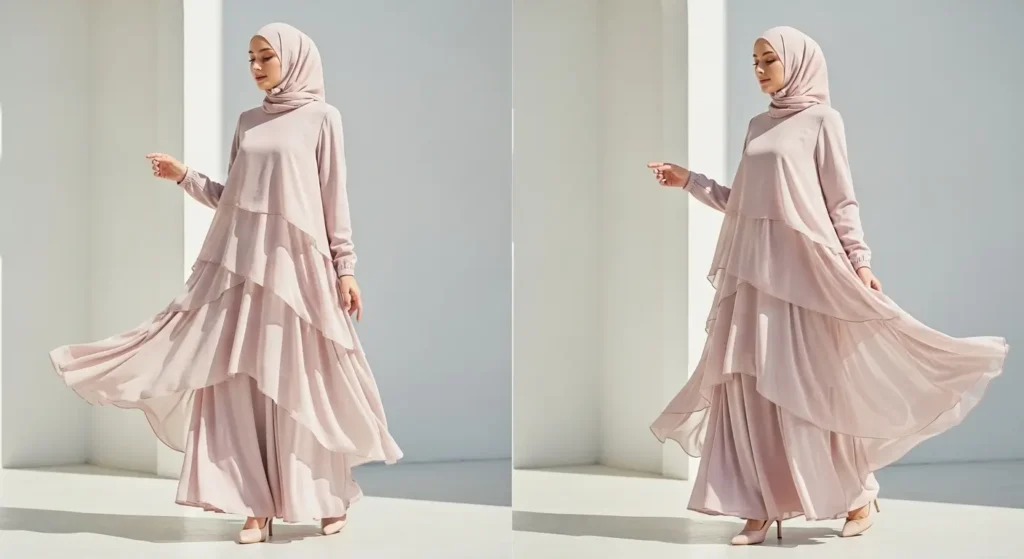 فساتين شيفون متعددة الطبقات بإطلالة ناعمة راقية فستان شيفون متعدد الطبقات للمحجبات بإطلالة صيفية