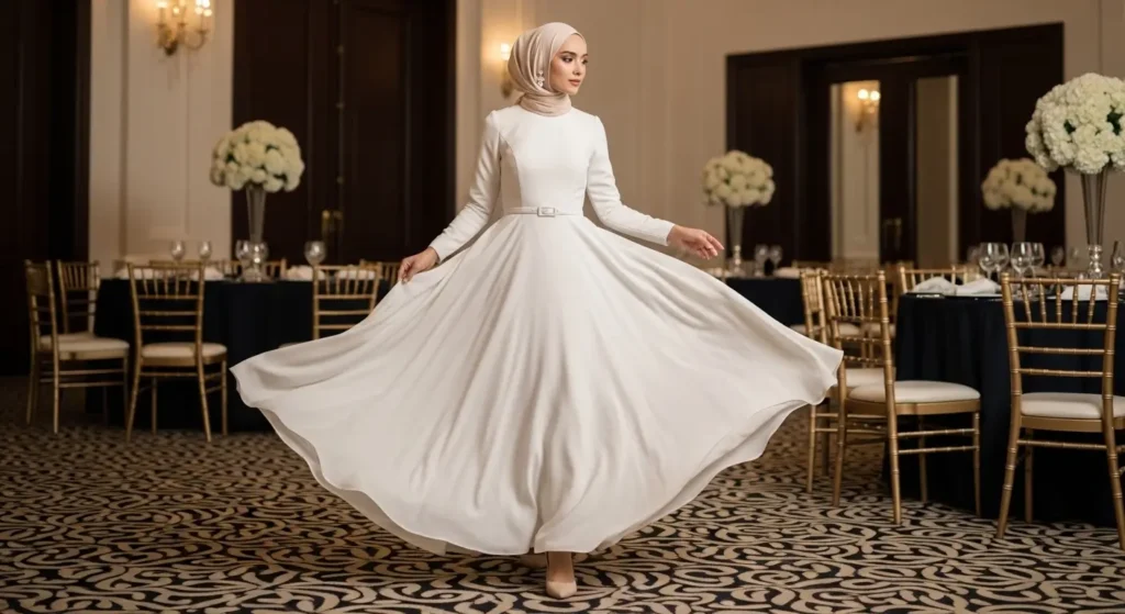 فساتين كلوش واسعة للمحجبات بإطلالة فخمة راقية فستان كلوش واسع للمحجبات بتنورة انسيابية فاخرة