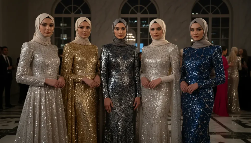 فساتين سواريه محجبات مطرزة بالترتر والإكسسوارات المعدنية فساتين محجبات لامعة بالترتر وألوان معدنية راقية