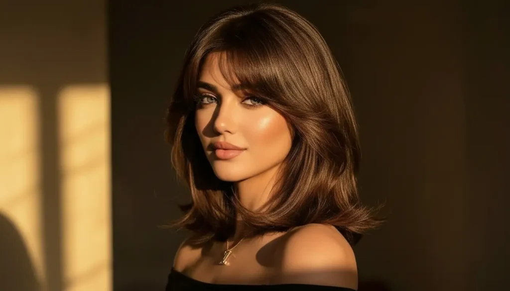 قصة شعر مدرج متوسط مع غرة أمامية للوجه الطويل