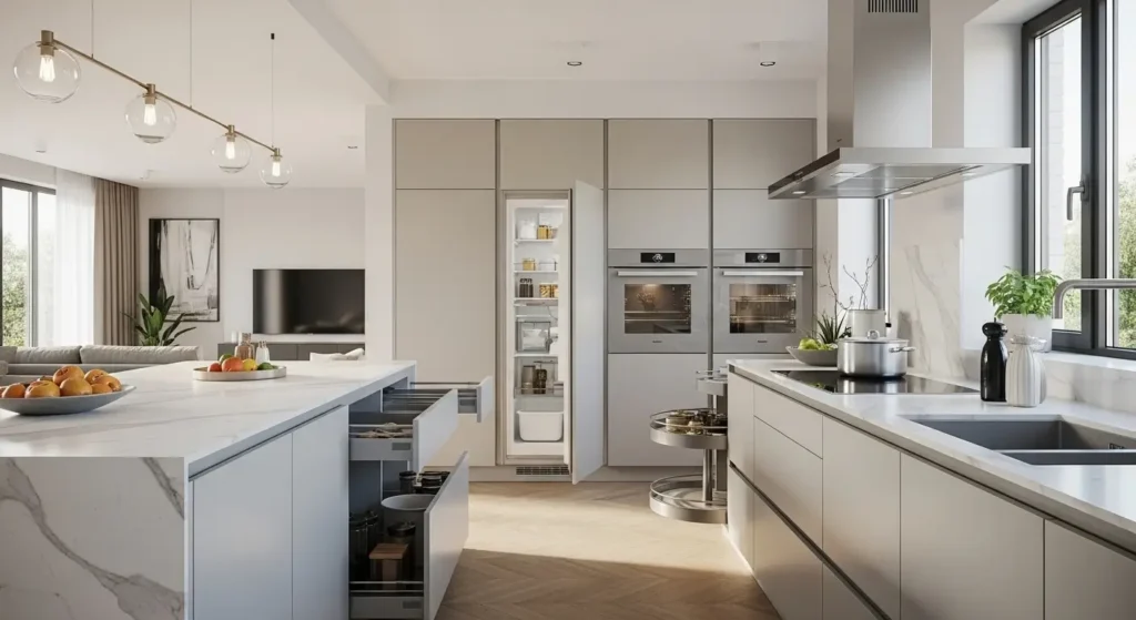 أجهزة حديثة في مطبخ امريكي مفتوح على الصالة